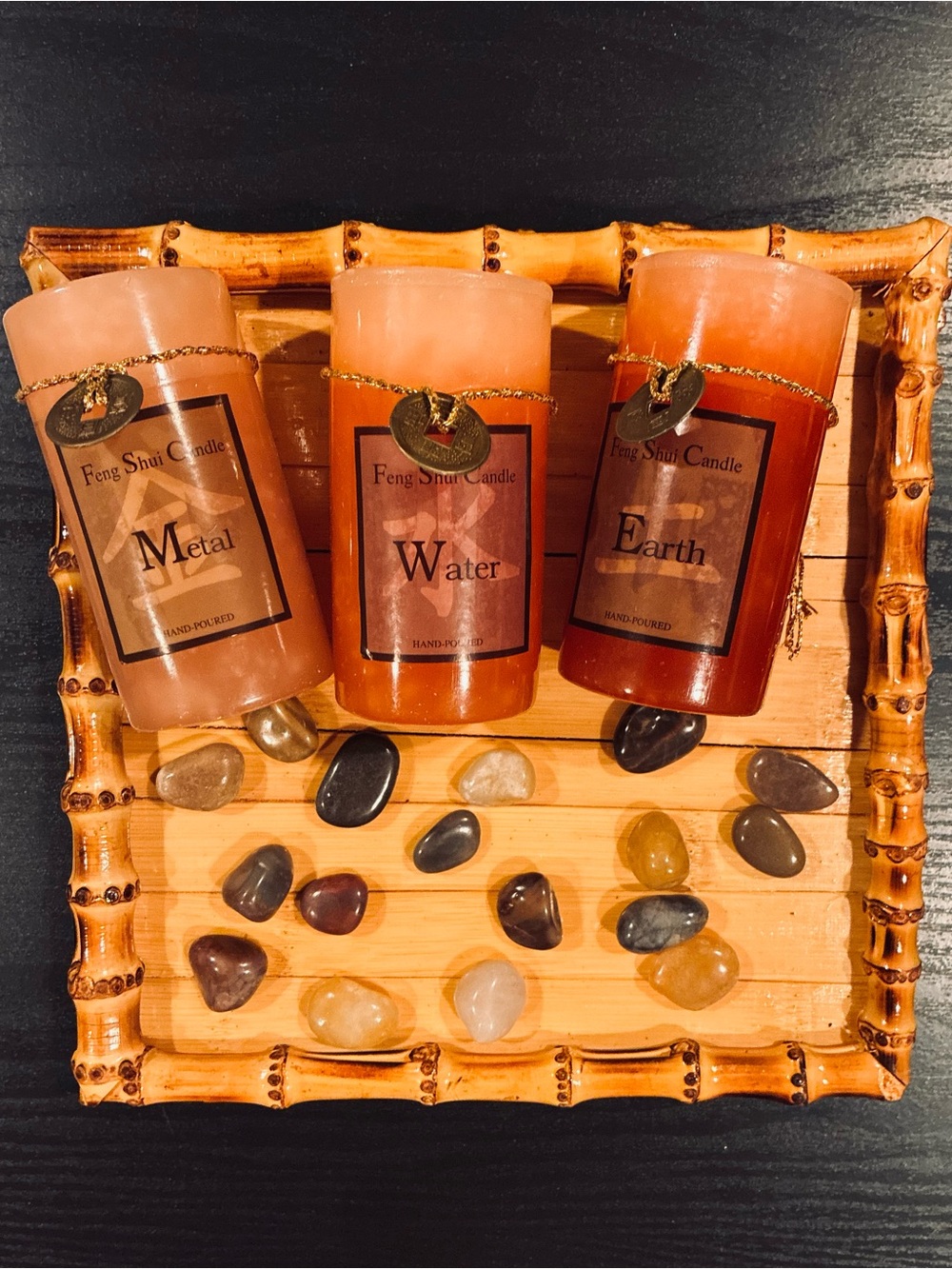 Feng Shui Candles Centerpiece, Bamboo Tray, Candles, Polished Stones, New Vtg